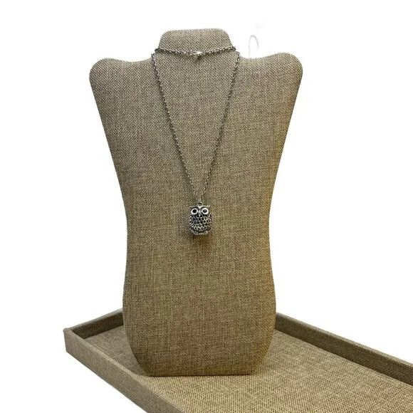 Puffy 3D Owl Pendant with Black Rhinestone Eyes Antique Silver Tone - Picture 2 of 8